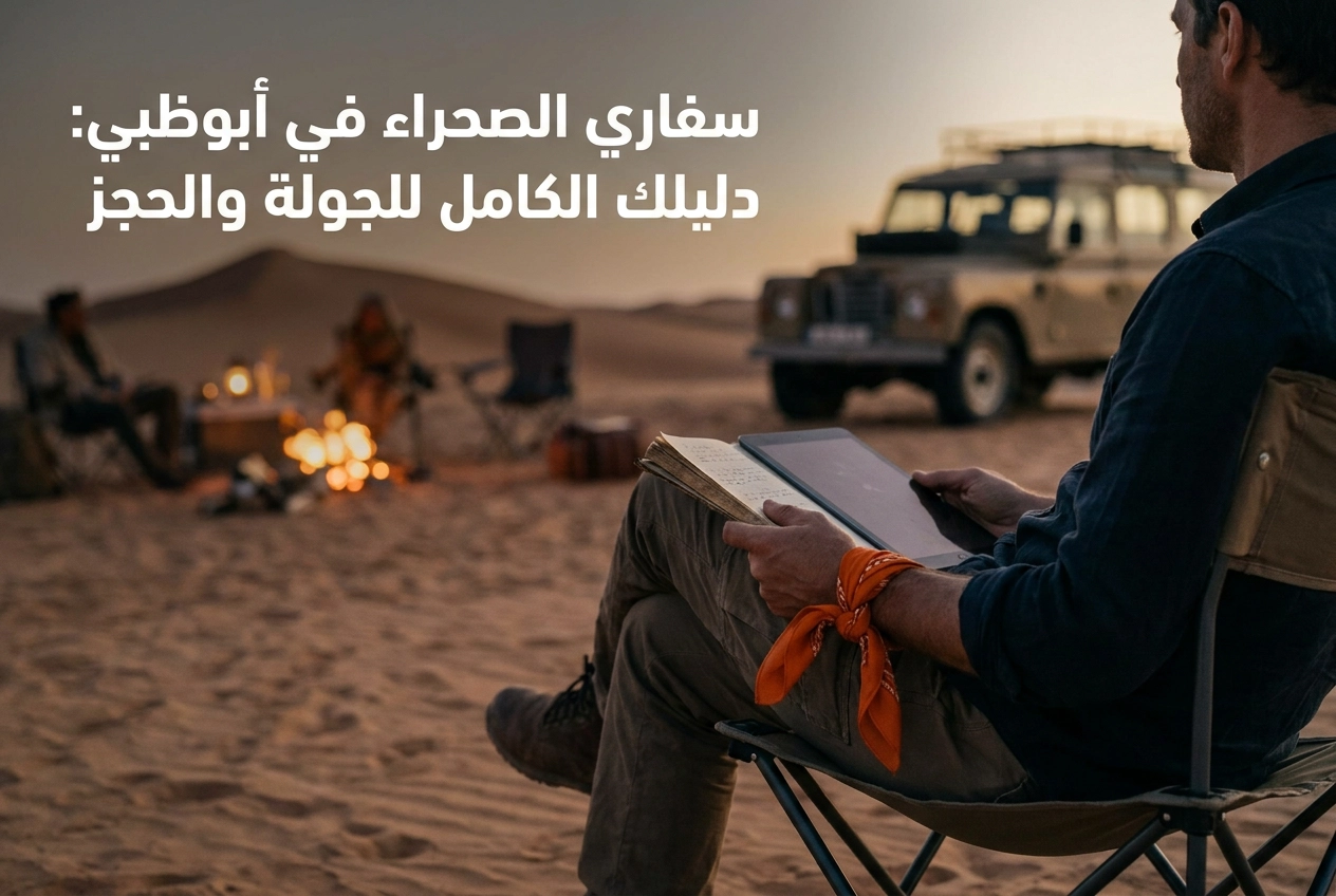 Professional header image for educational tutorial: سفاري الصحراء في أبوظبي: دليلك الكامل للجولة والحجز