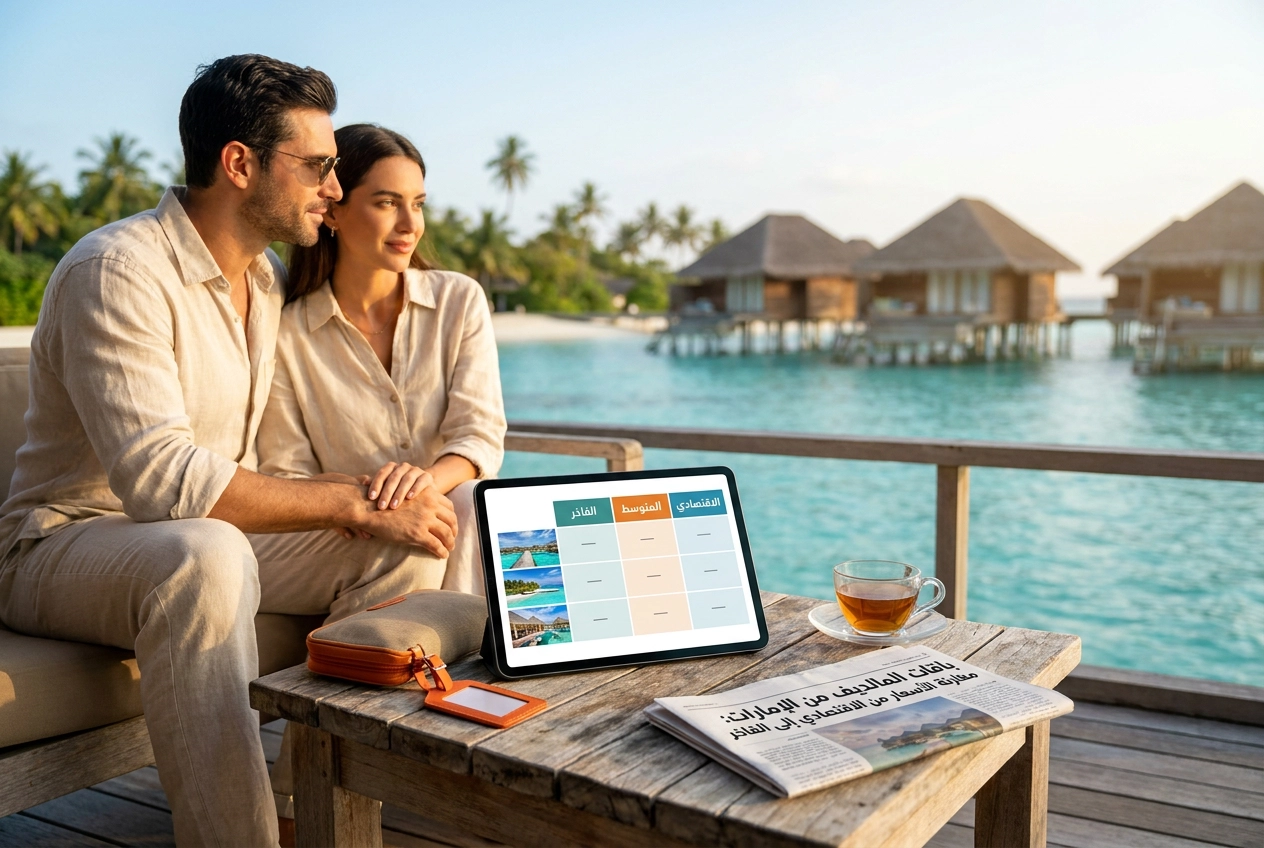 Professional header image for comparison analysis: باقات المالديف من الإمارات: مقارنة الأسعار من الاقتصادي إ...