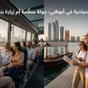 Professional header image for comparison analysis: أماكن سياحية في أبوظبي: جولة منظّمة أم زيارة بنفسك؟