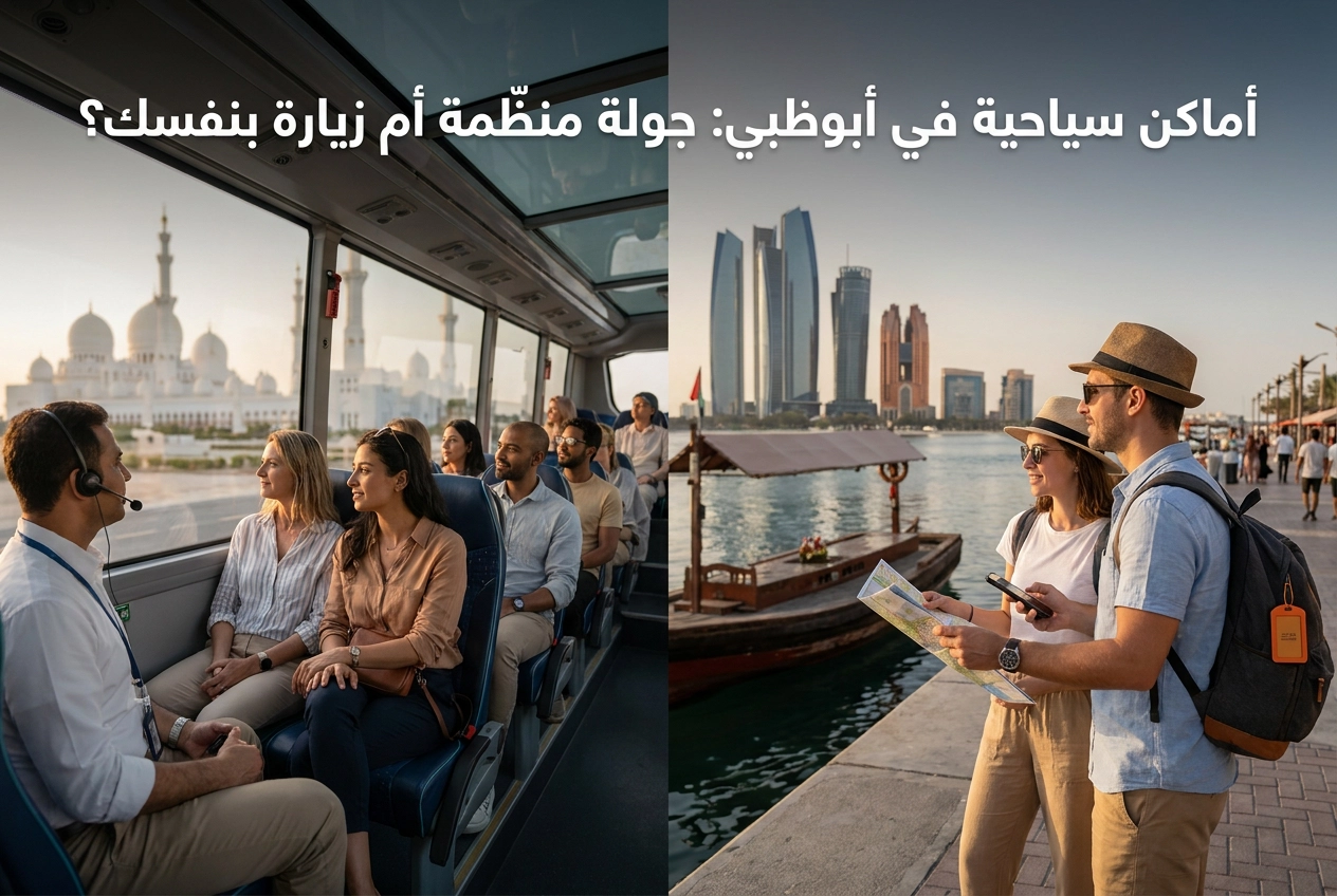 Professional header image for comparison analysis: أماكن سياحية في أبوظبي: جولة منظّمة أم زيارة بنفسك؟